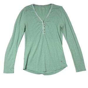 Eddie Bauer Womens Small Sage Green Waffle Knit Henley Lace Trim Thermal Top